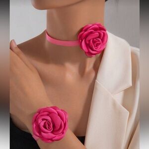 Pink Rose Choker and Bracelet Set